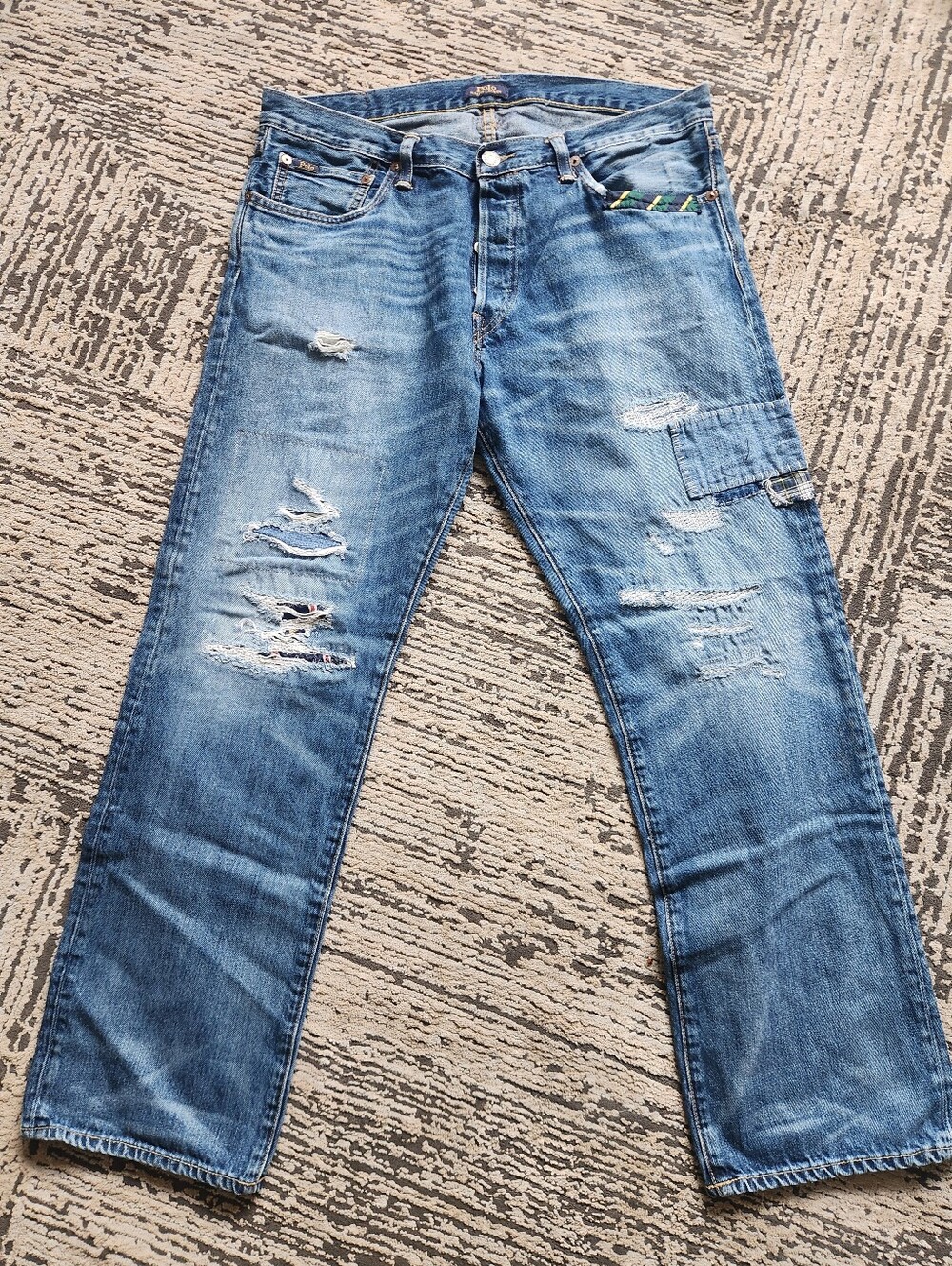 Polo Ralph Lauren Light Blue Distressed Straight Jeans, Rare, Size 32 × 30